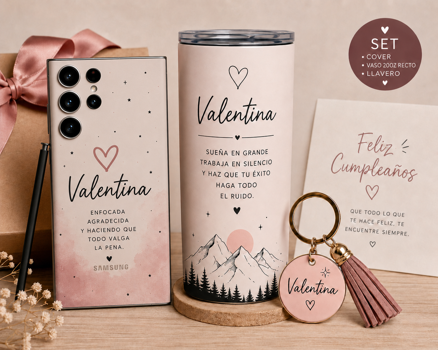 Kit Regalo Vaso, Cover y llavero para Cumpleaños personalizado con nombre p055