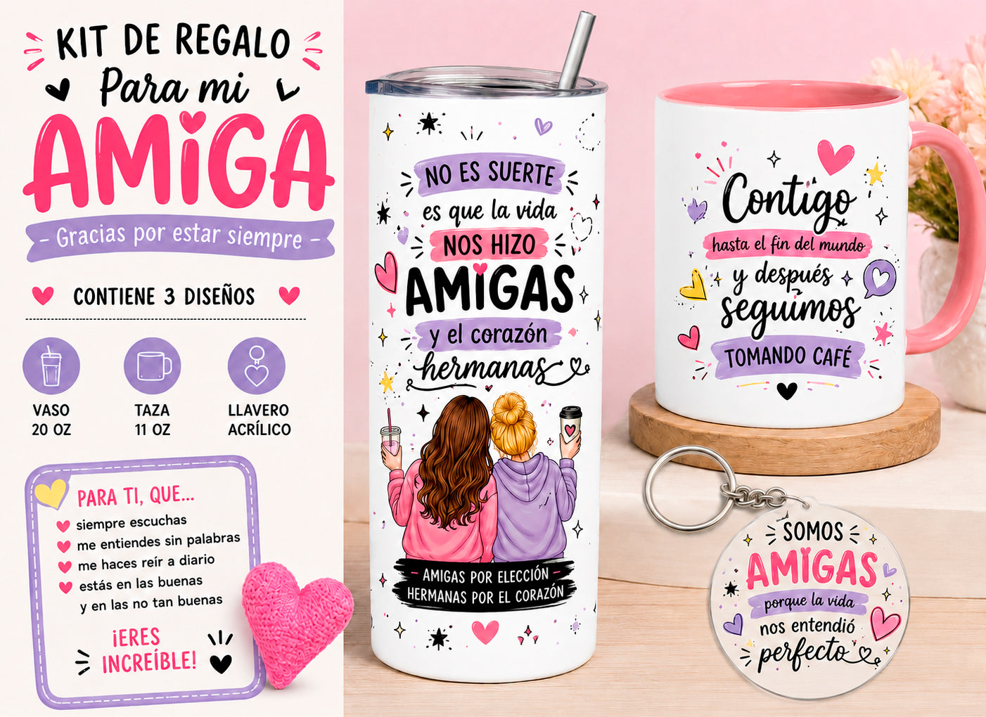 Kit regalos para amiga Vaso + Taza + llavero A079