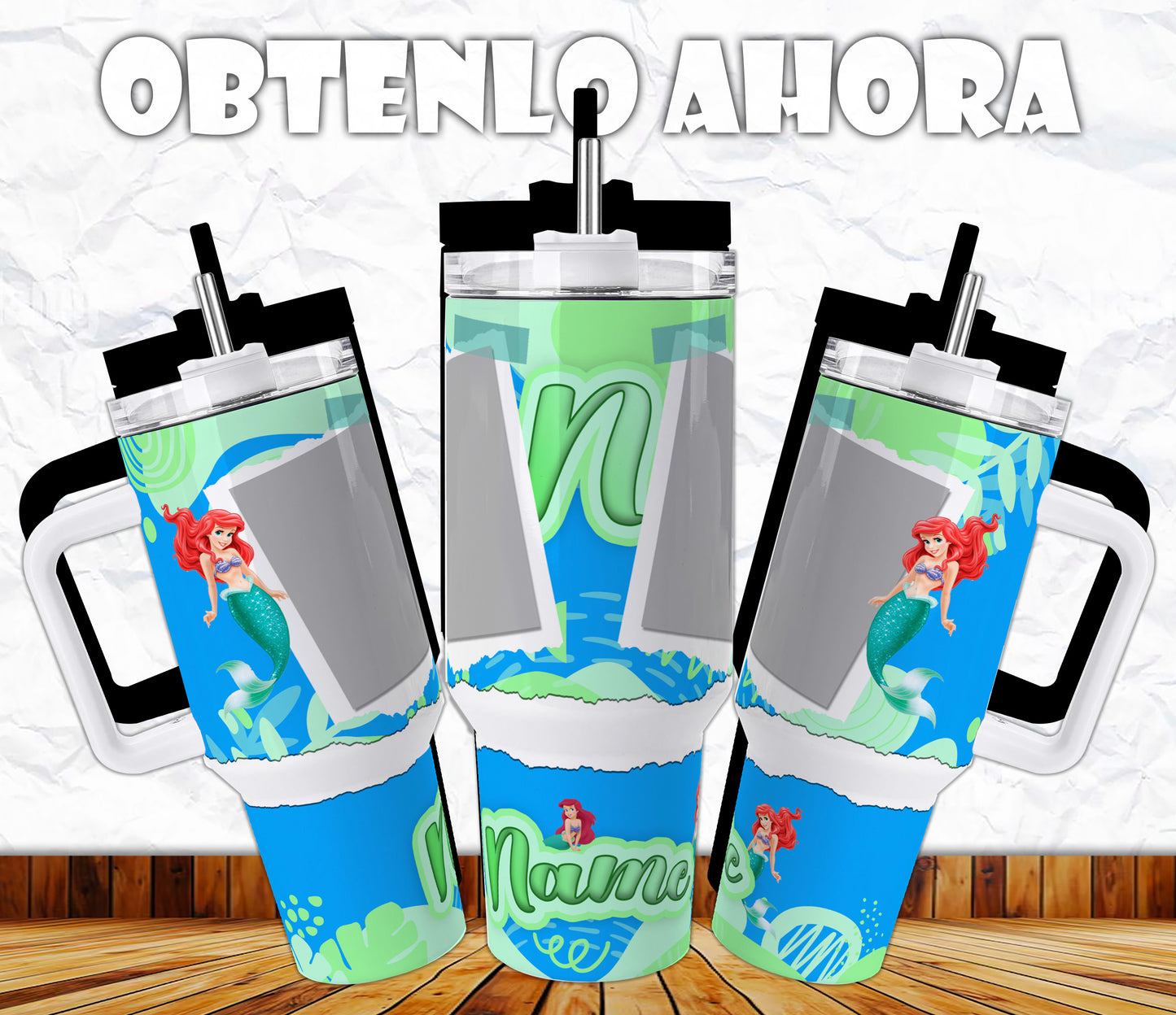 vaso 40oz con asa personalizado foto y nombre sirenita p039