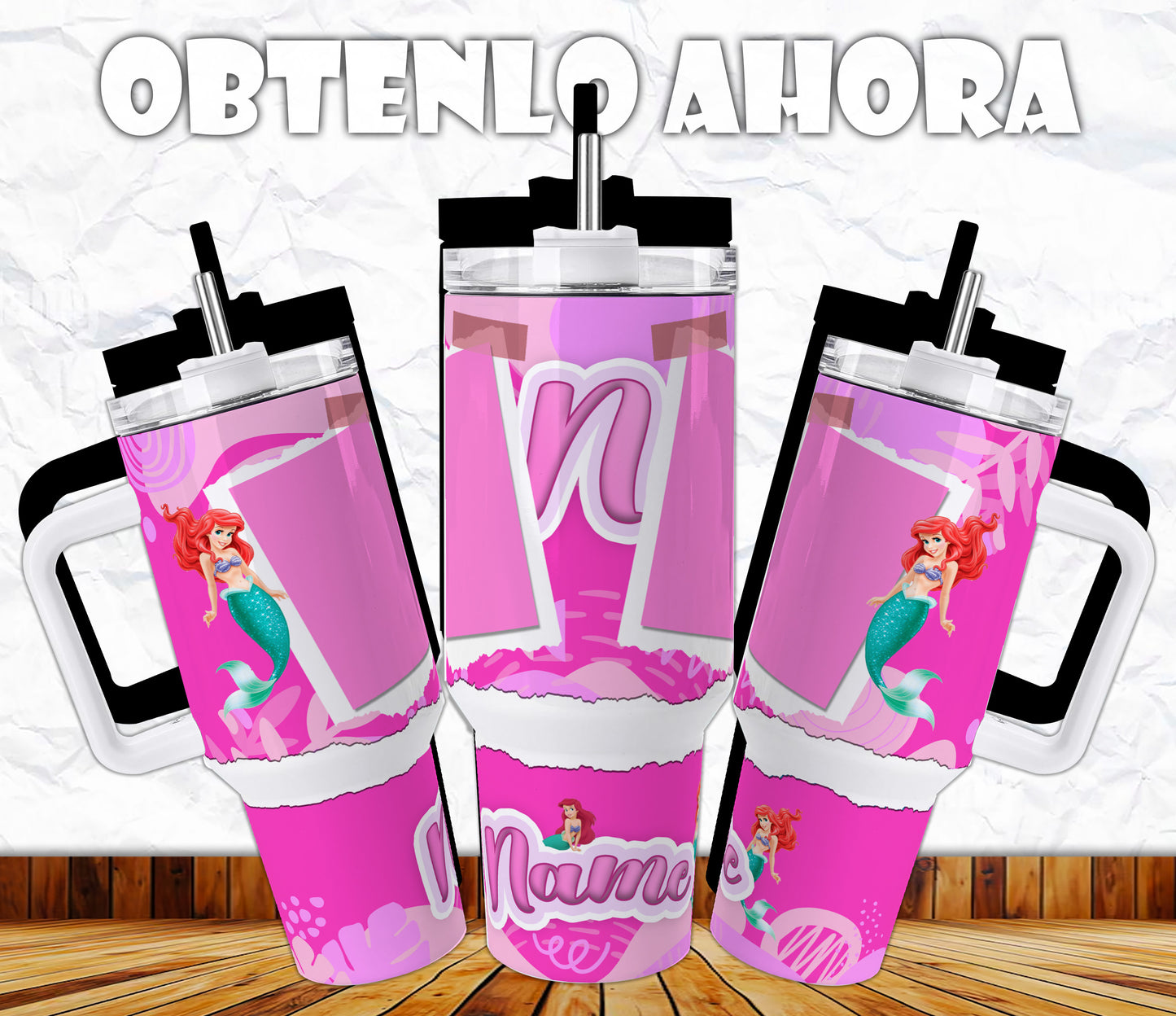 vaso 40oz con asa personalizado foto y nombre sirenita p039